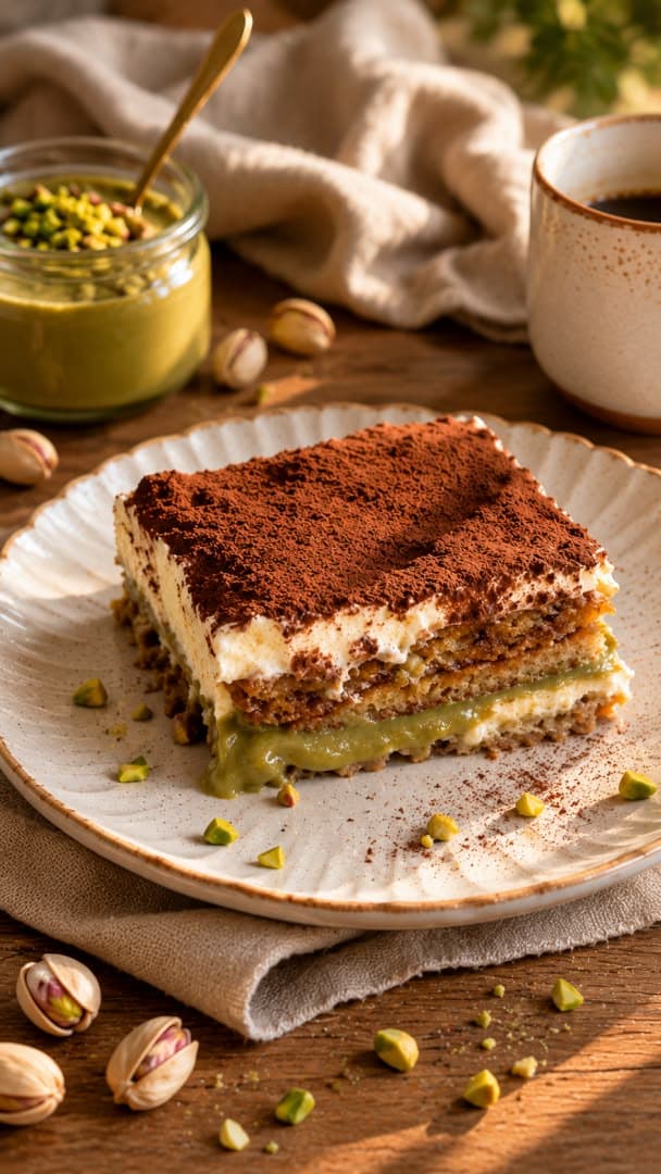 Ein Stück Pistazientiramisu mit Kakao und gehackten Pistazien
