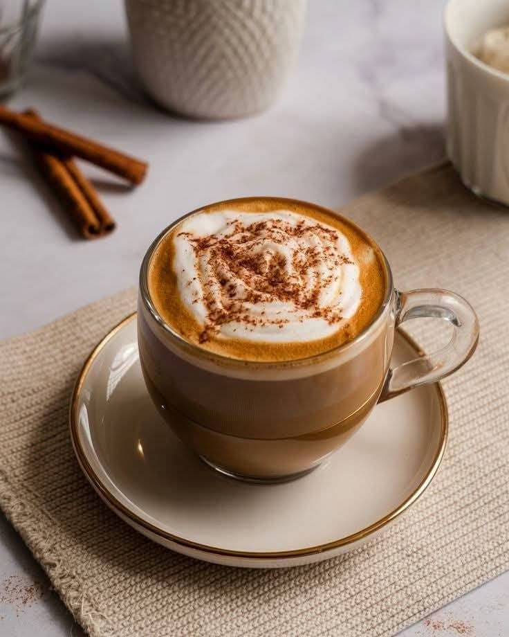 Vanille-Zimt Chai Latte in einer Tasse mit Zimtstangen